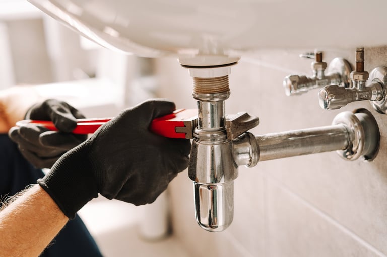 Professional plumber carefully repairing sink pipe with wrench