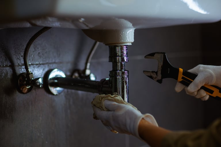 Plumber carefully working under sink
